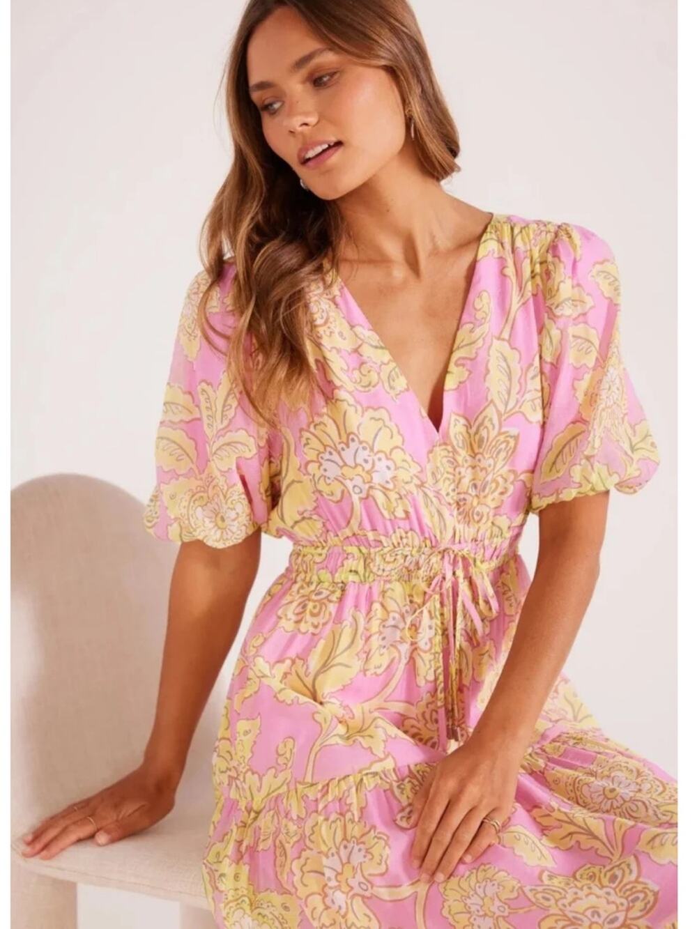 Revolve Mink Pink Laurelle Floral Midi Dress Size Large Pink Yellow Boho Indie
